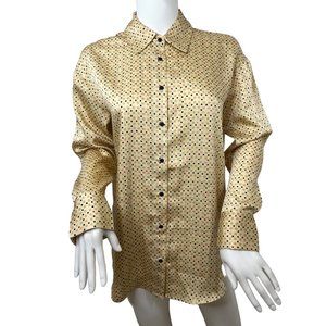 0649A- Philosophy Women’s Button Down Shirt Point Collar S Gold Black Red Dots